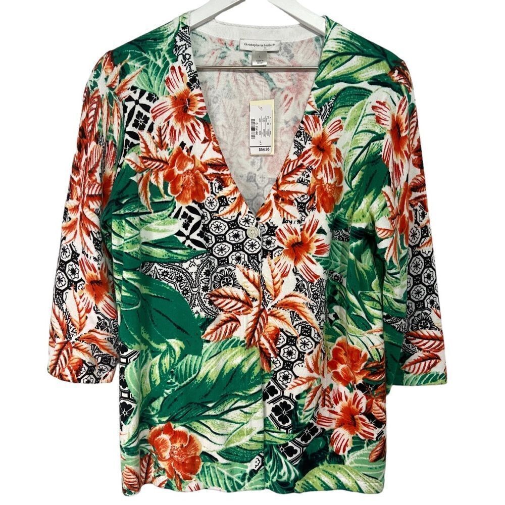 NWT Christopher & Banks Tropical Cardigan Sweater size Large Cotton 3/4 Sleeve